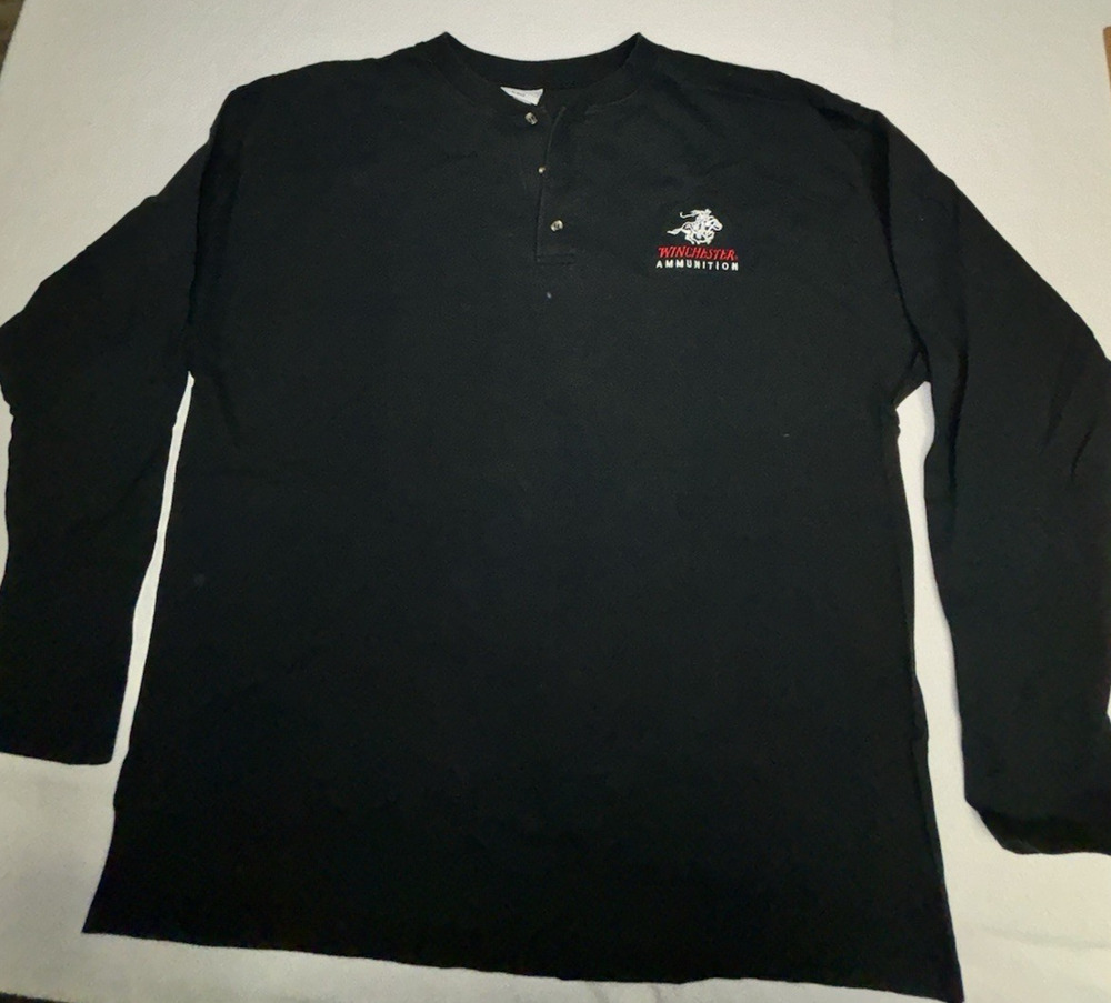 Size 2X Winchester Ammunition Henley Black Long Sleeve Shirt Embroidered Logo